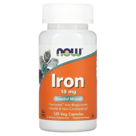 NOW Foods IRON Ferrochel 18 mg (120 вег. капсул) железа бисглицинат