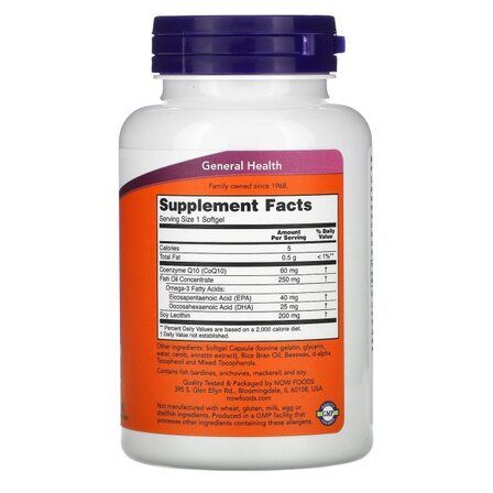 NOW Foods CoQ10 60 mg + Omega-3 (60 вег. капсул) антиоксидант Коензим Ку 10 с Омега 3
