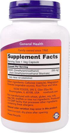 NOW Foods DMAE 250 mg (100 веганских капсул) диметиламиноэтанол