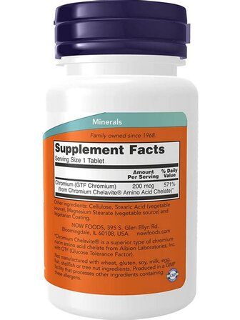 NOW Foods GTF Chromium 200 mcg (100 таблеток) минерал хром
