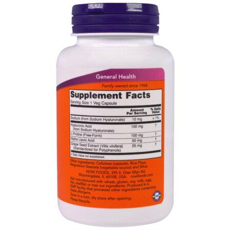 NOW Foods Hyaluronic Acid 100MG 2X PLUS (60 капсул) гиалуроновая кислота