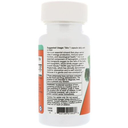 NOW Foods IRON Ferrochel 18 mg (120 вег. капсул) железа бисглицинат