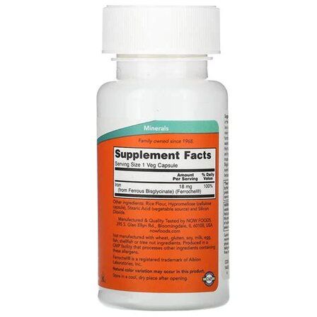 NOW Foods IRON Ferrochel 18 mg (120 вег. капсул) железа бисглицинат