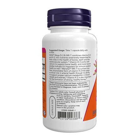 NOW Foods MEGA D3 5000 + MK-7 (120 веганских капсул) витамины Д3 и К2