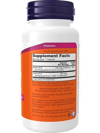 NOW Foods MEGA D3 5000 + MK-7 (120 веганских капсул) витамины Д3 и К2