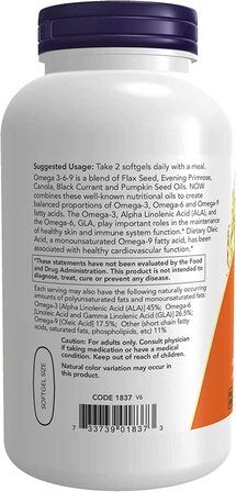 NOW Foods Omega Super 3-6-9 1200 mg (90 капсул) омега 3,6,9 жирные кислоты