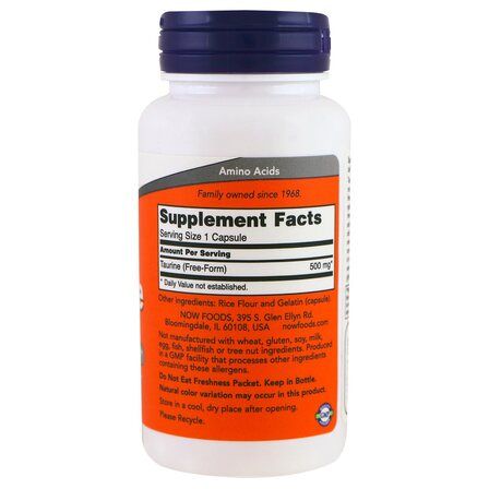NOW Foods Taurine 500 mg (100 веганских капсул) аминокислота Таурин