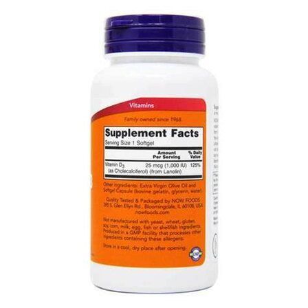 NOW Foods Vitamin D3 1000 IU (180 гелевых капсул) витамин Д3 
