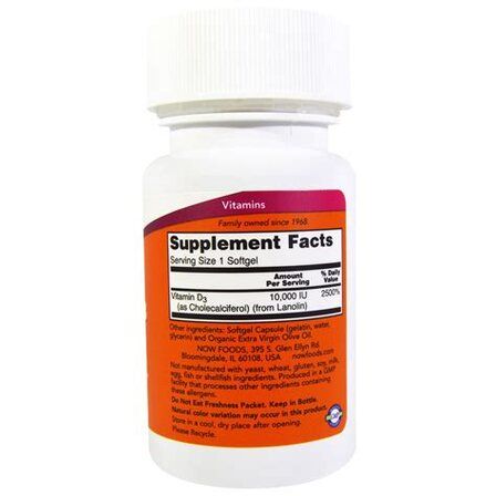 NOW Foods Vitamin D3 10000 IU (120 гелевых капсул) витамин Д3 холикальцеферон