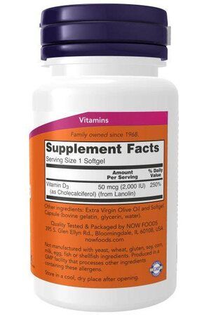 NOW Foods Vitamin D3 2000 IU (30 гелевых капсул) витамин Д3 холикальцеферон