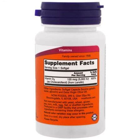 NOW Foods Vitamin D3 5000 IU (240 гелевых капсул) витамин Д3 холикальцеферон