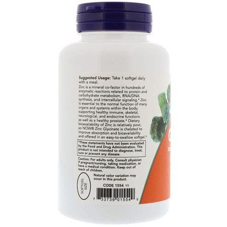 NOW Foods Zinc Glycinate 30 мг (120 веганских капсул) цинк глицинат