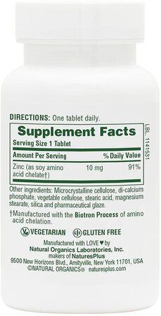 Natures Plus Zinc chelate 10 мг (90 таб.)