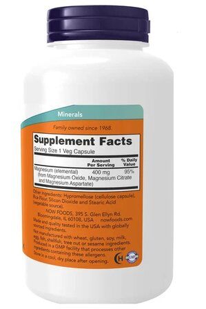 NOW Foods Magnesium 400 мг (180 капсул) магния оксид, магния цитрат, магния аспартат