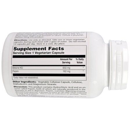 Solaray Betaine HCL with Pepsin 650мг (100 веганских капсул) бетаин гидрохлорид с пепсином