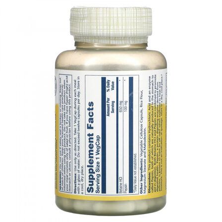 Solaray Betaine HCL with Pepsin 650мг (100 веганских капсул) бетаин гидрохлорид с пепсином